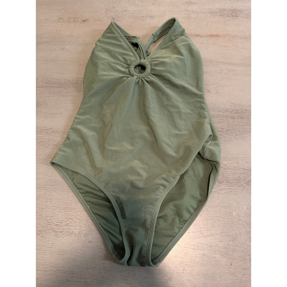 Shade & Shore Olive Green Ribbed O-Ring One Piece Swimsuit Halter Keyhole Large